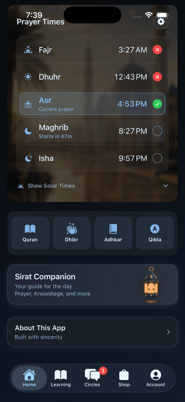 Prayer times with the Sirat companion